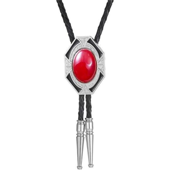 Western Native Cowboy Necktie Leather Red2 - Picture 1 of 7